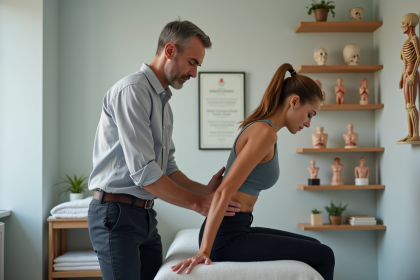 Osteopathe homme en consultation avec une patiente dans une clinique moderne