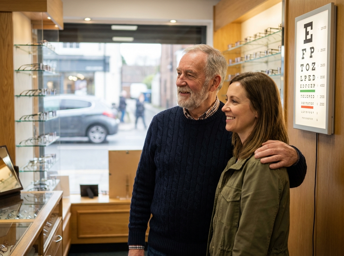Homme senior et sa fille examinant un tableau optique