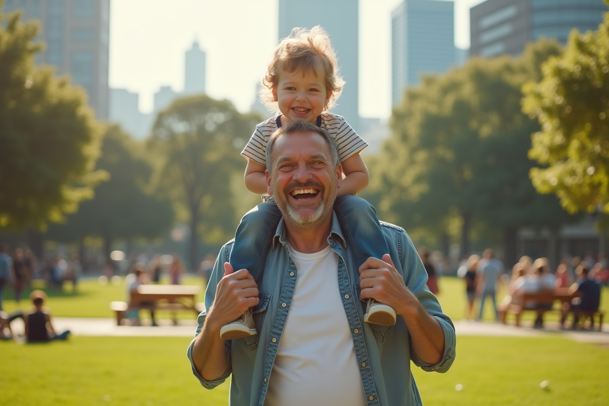 Père riant avec son enfant dans un parc urbain ensoleille