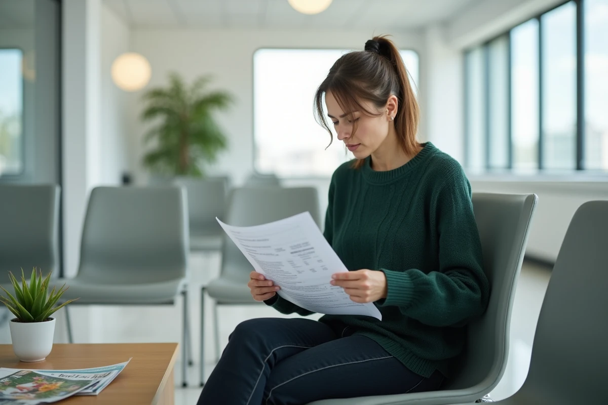 Femme dans une salle d'attente médicale consultant ses résultats d'analyses biologiques dont la gamma-GT