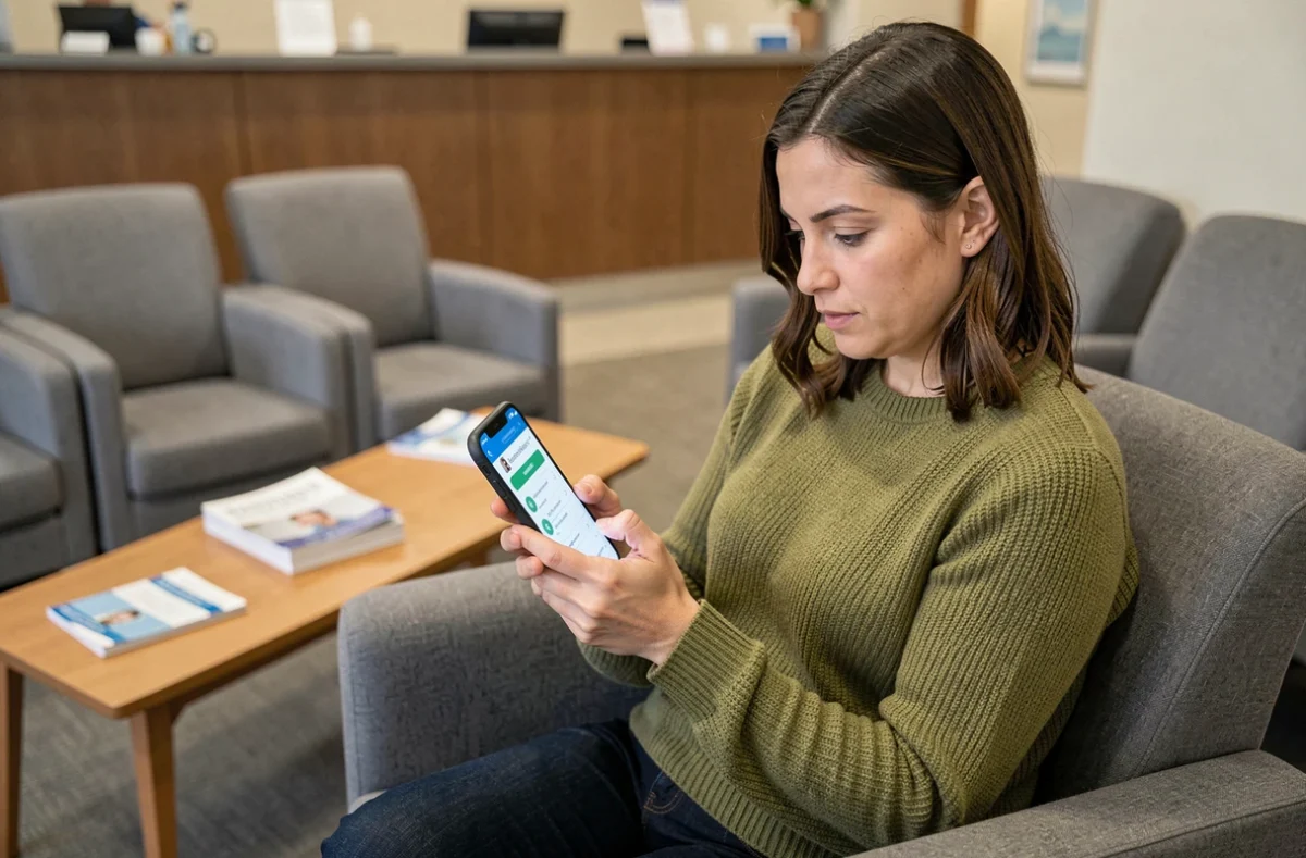 Patiente vérifiant les informations d'un médecin sur son smartphone dans une salle d'attente médicale