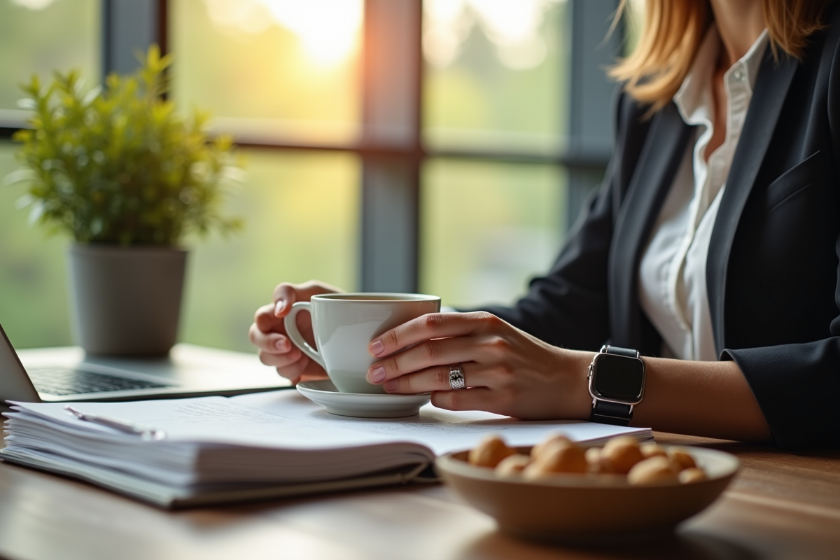 Employé prenant une pause avec une tasse de tisane dans un bureau