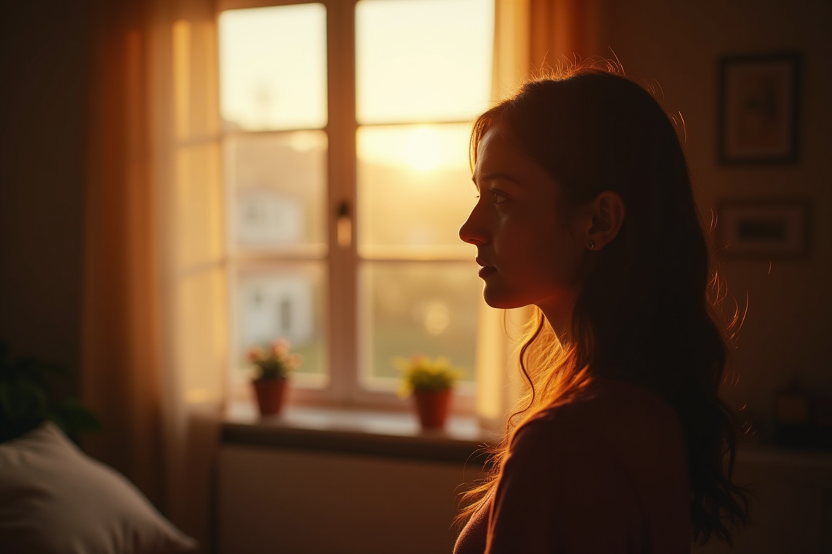 Personne regardant par la fenetre dans un salon lumineux