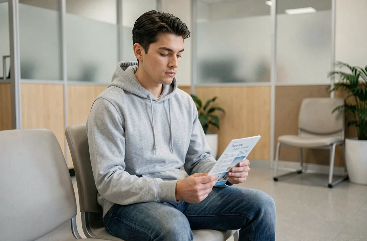 Personne en salle d'attente médicale tenant une brochure sur la thérapie hormonale de transition
