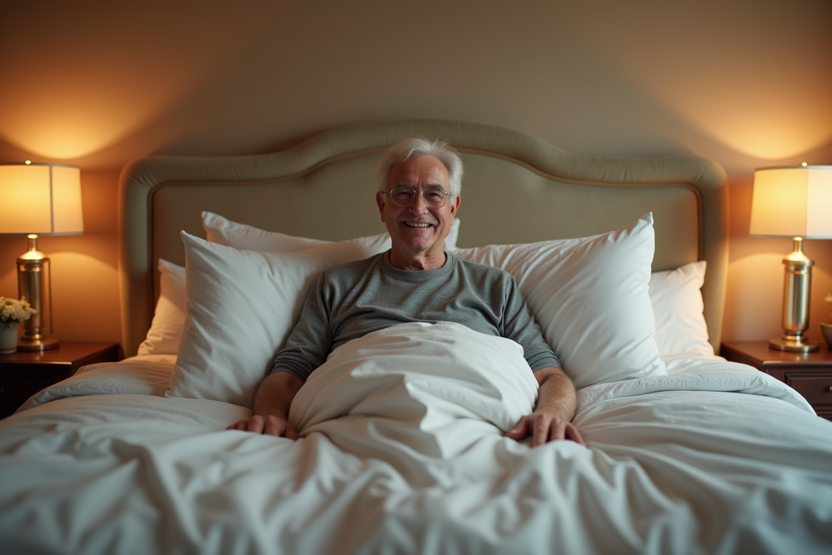 Personne souriante assise sur un lit confortable dans une chambre chaleureuse