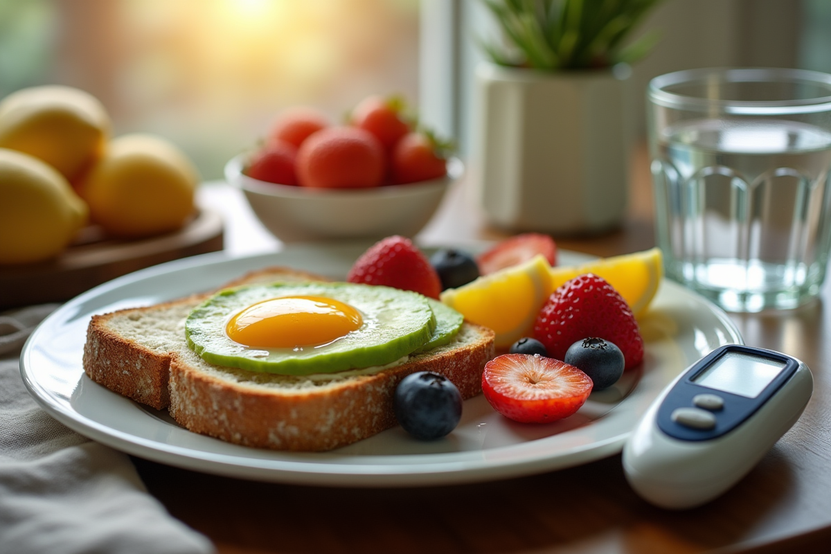 Petit déjeuner sain avec avocat et fruits colorés