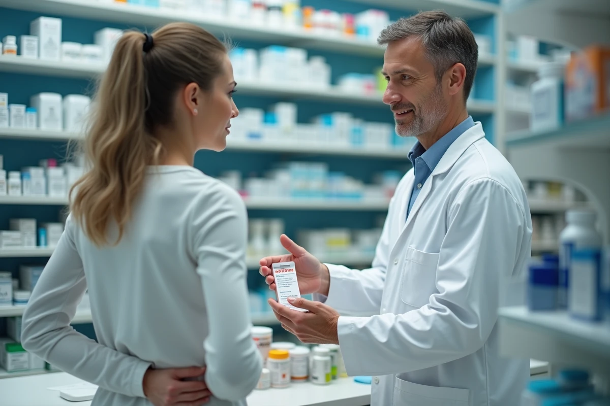 Pharmacien conseillant une patiente souffrant de sciatique sur le choix entre médicaments et remèdes naturels