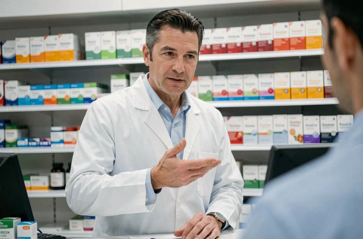 Pharmacien en blouse blanche expliquant les risques et effets secondaires d'un complément cardiovasculaire à un client