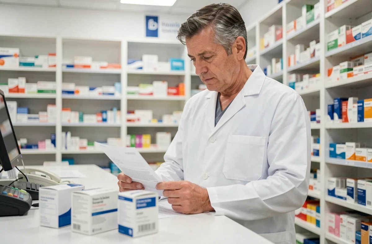 Pharmacien professionnel examinant une ordonnance médicale avec des boîtes de médicaments analgésiques sur le comptoir