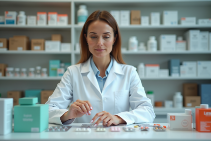 Pharmacienne en blouse blanche organise des médicaments en pharmacie