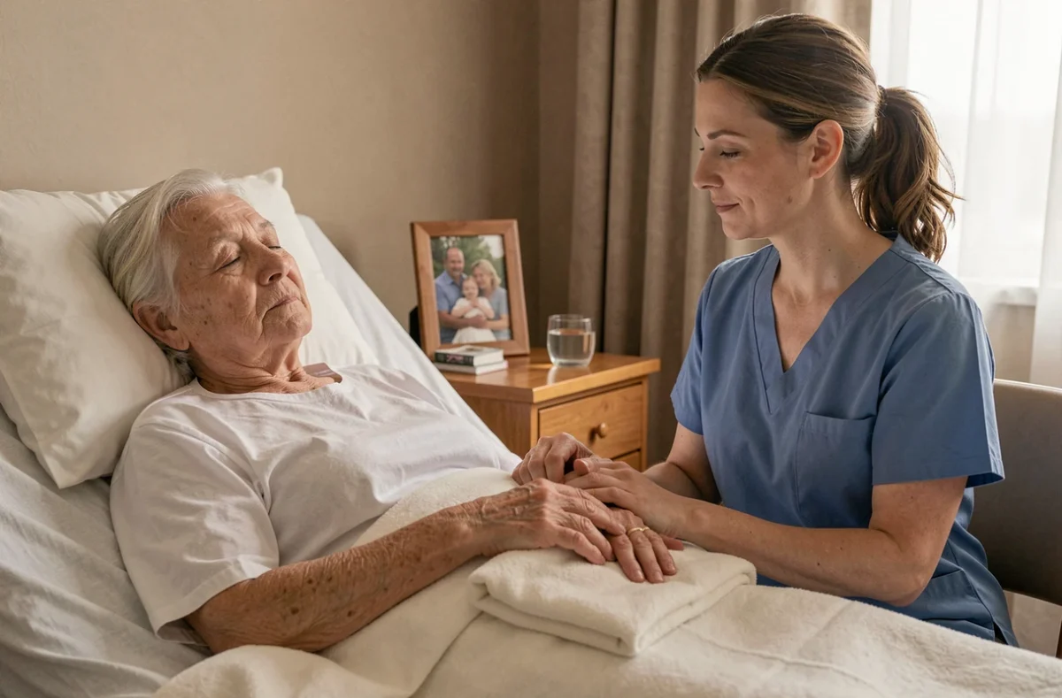 Soignante tenant la main d'une patiente âgée en phase terminale dans une chambre de soins palliatifs