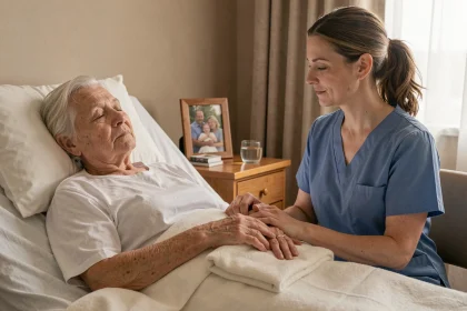 Soignante tenant la main d'une patiente âgée en phase terminale dans une chambre de soins palliatifs