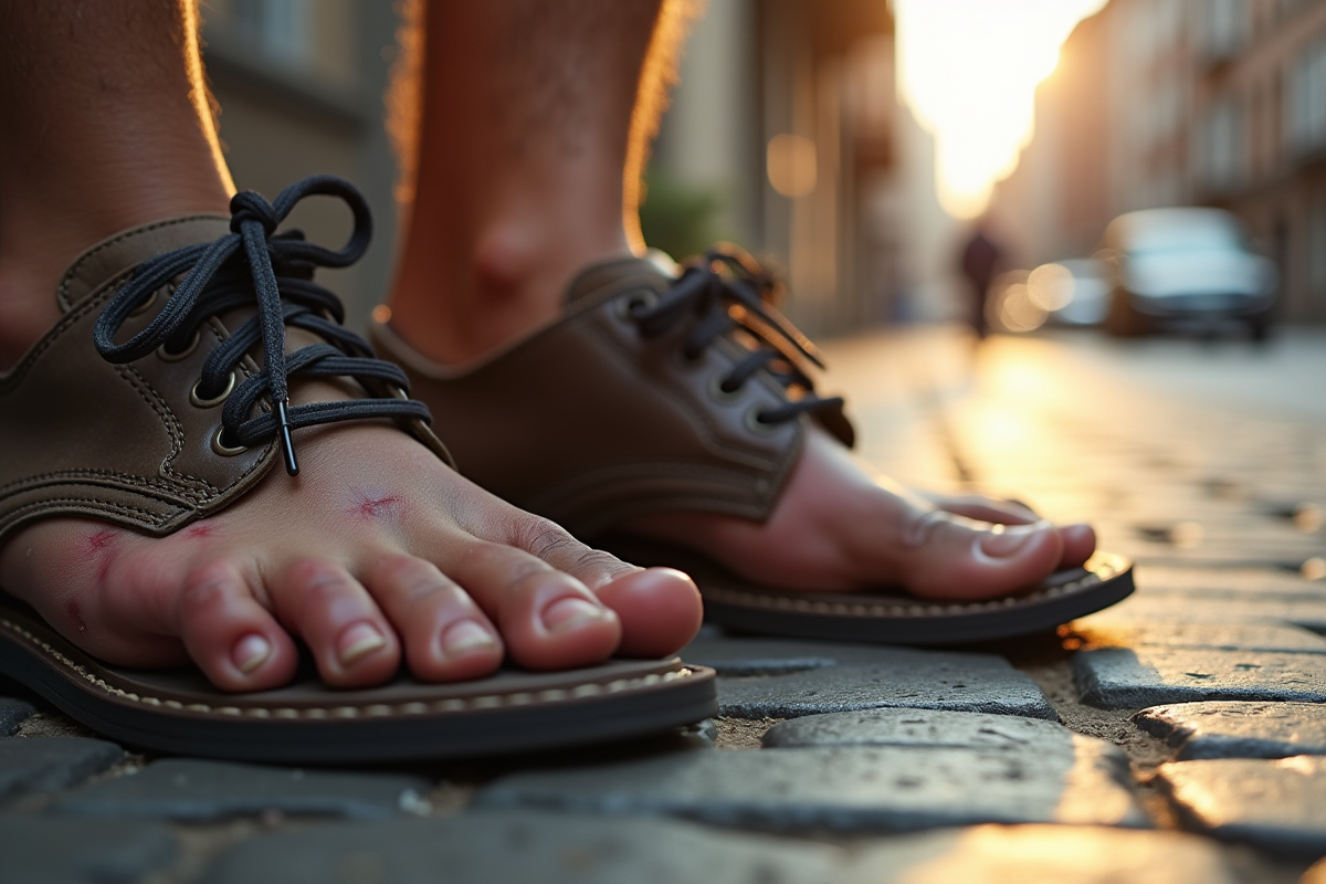 Pieds avec calluses près de chaussures abîmées sur trottoir urbain