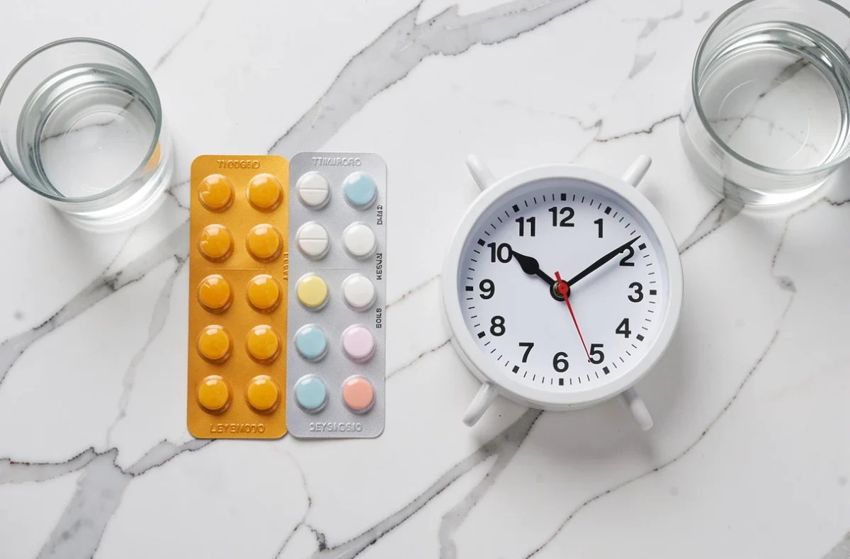 Gros plan de plaquettes de médicaments analgésiques et d'une horloge symbolisant le délai entre deux prises médicamenteuses