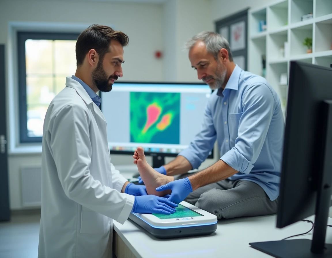 Podologue utilisant un scanner 3D du pied pour concevoir une semelle sur mesure contre l'épine calcanéenne