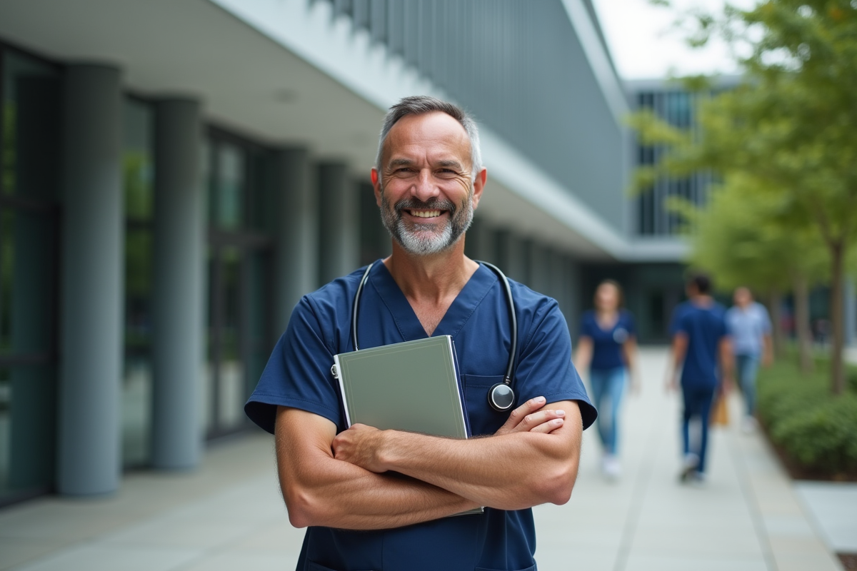 Homme professionnel de sante devant universite medicale