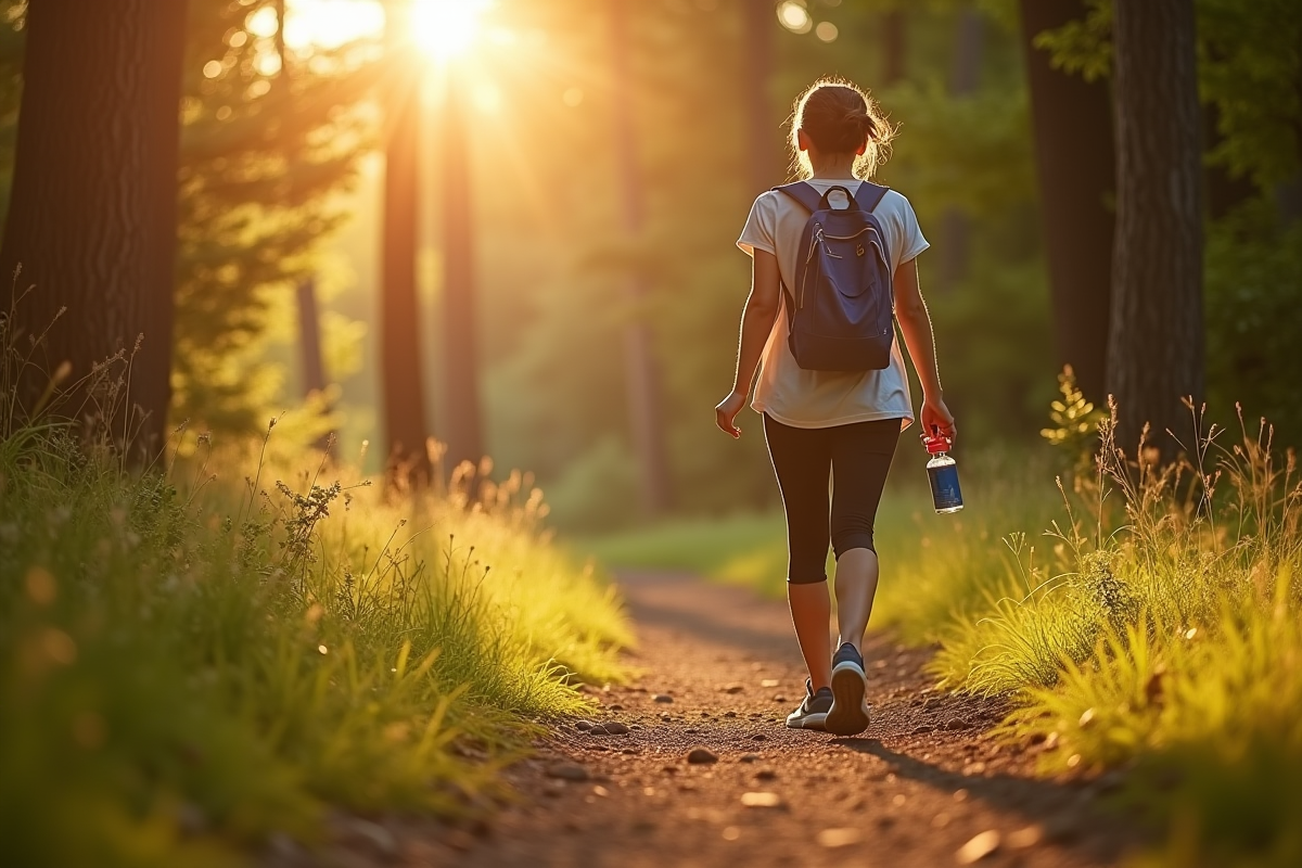 Personne en promenade dans la nature avec bouteille d