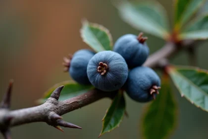 Prunelles sauvages mûres sur une branche épineuse de prunellier avec leur pruine bleutée naturelle