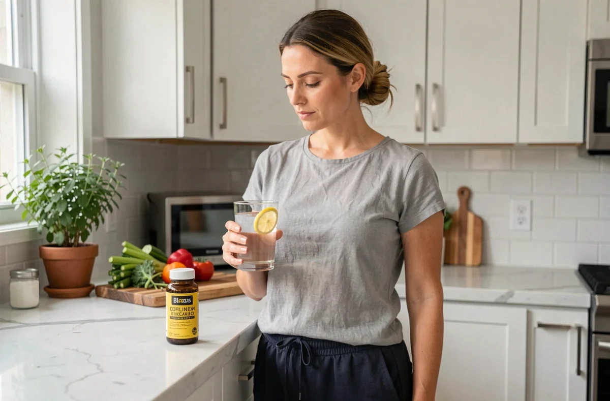 Femme tenant un verre d'eau citronnée et un complément alimentaire dans une cuisine moderne, illustrant la question de la purge intestinale avant un régime