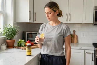 Femme tenant un verre d'eau citronnée et un complément alimentaire dans une cuisine moderne, illustrant la question de la purge intestinale avant un régime