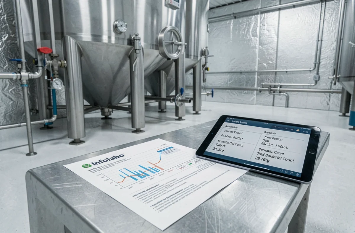 Rapport d'analyse qualité lait Infolabo posé devant une cuve de collecte en inox dans une salle de réfrigération de ferme laitière professionnelle