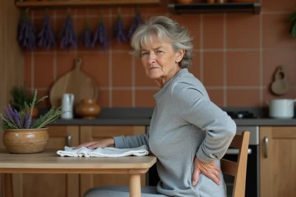 Femme âgée appliquant un remède de grand-mère à base de compresse chaude sur le bas du dos pour soulager une sciatique