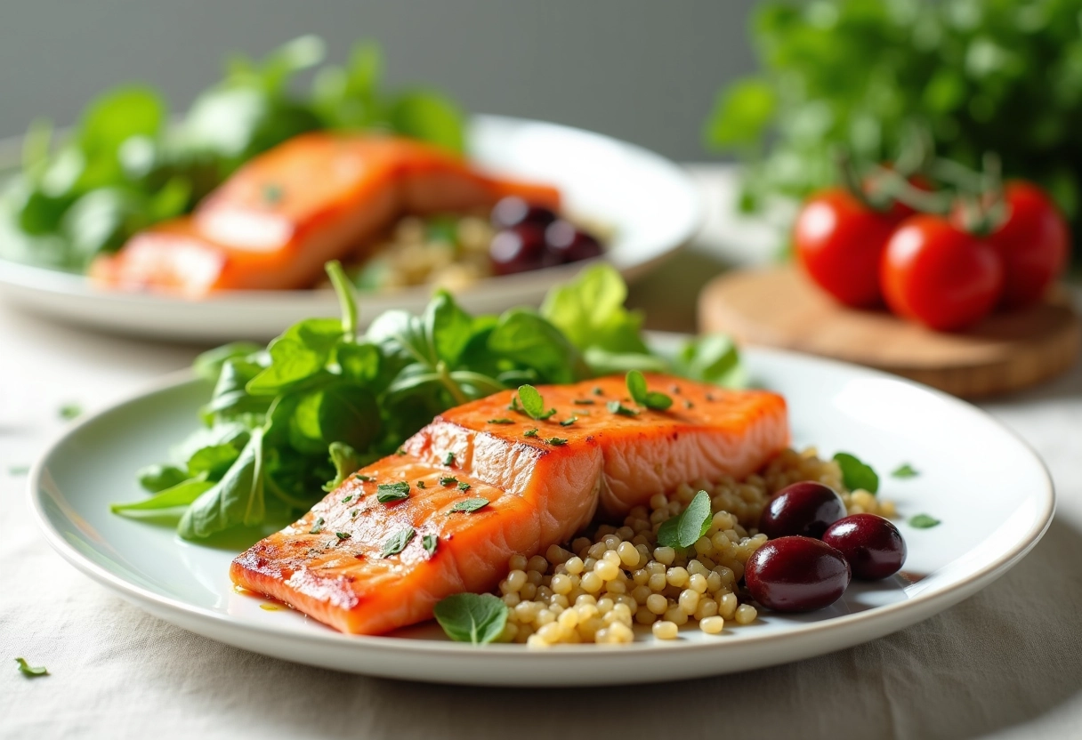 Repas méditerranéen sain avec saumon et quinoa dans l