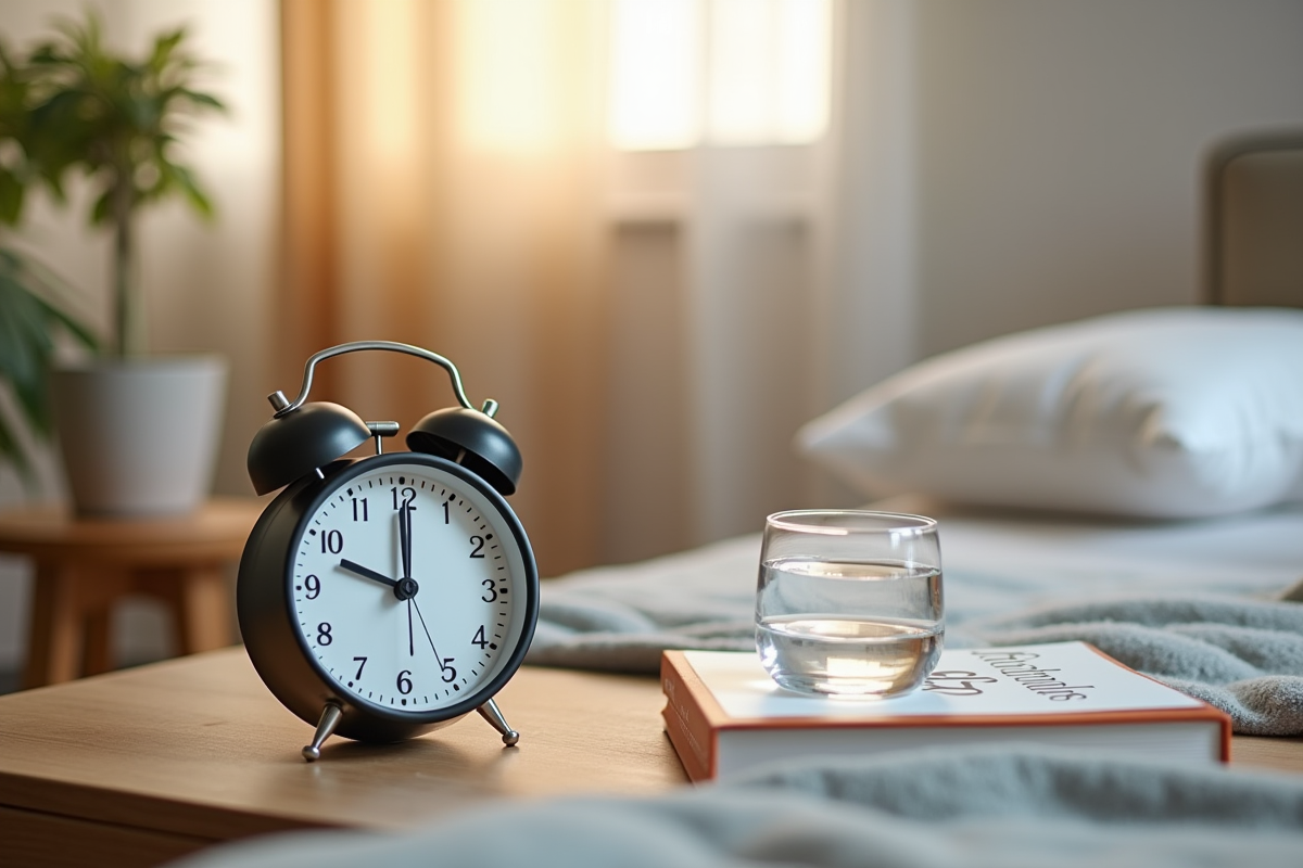 Réveil moderne avec eau et livre sur la grossesse dans la chambre