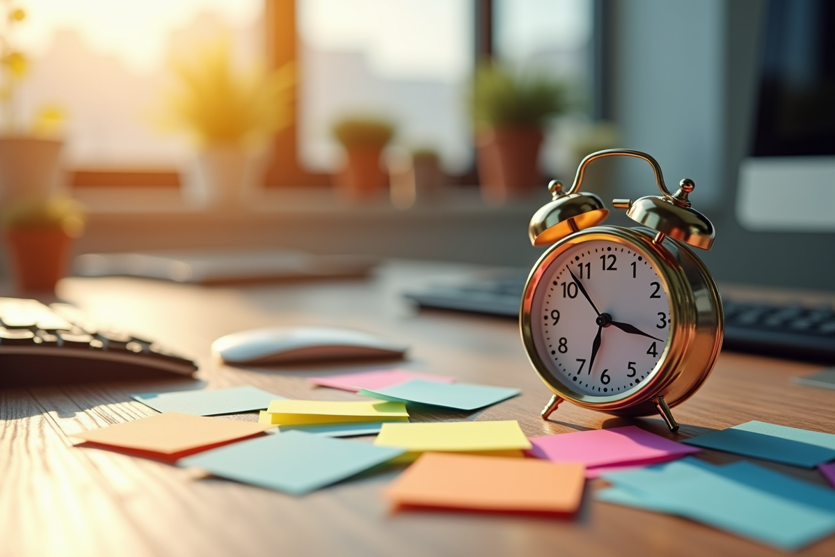 Réveil entouré de notes autocollantes dans un bureau lumineux