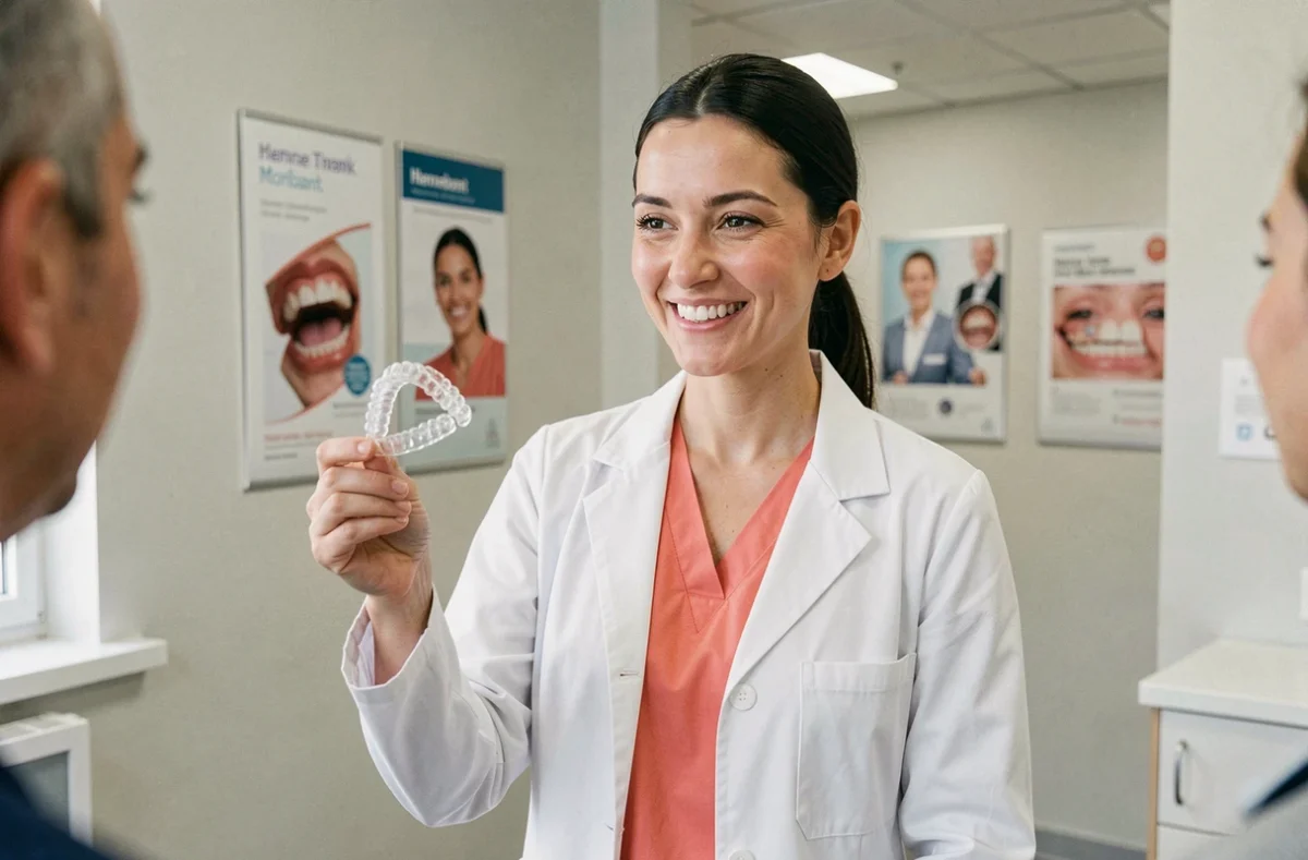 Orthodontiste femme présentant un aligneur transparent dans son cabinet à Hennebont