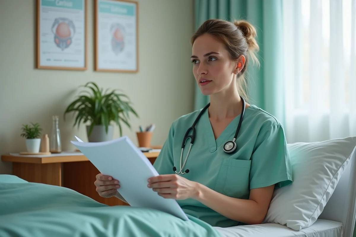 Sage-femme expliquant l'examen du col et la dilatation cervicale à une patiente en consultation maternité