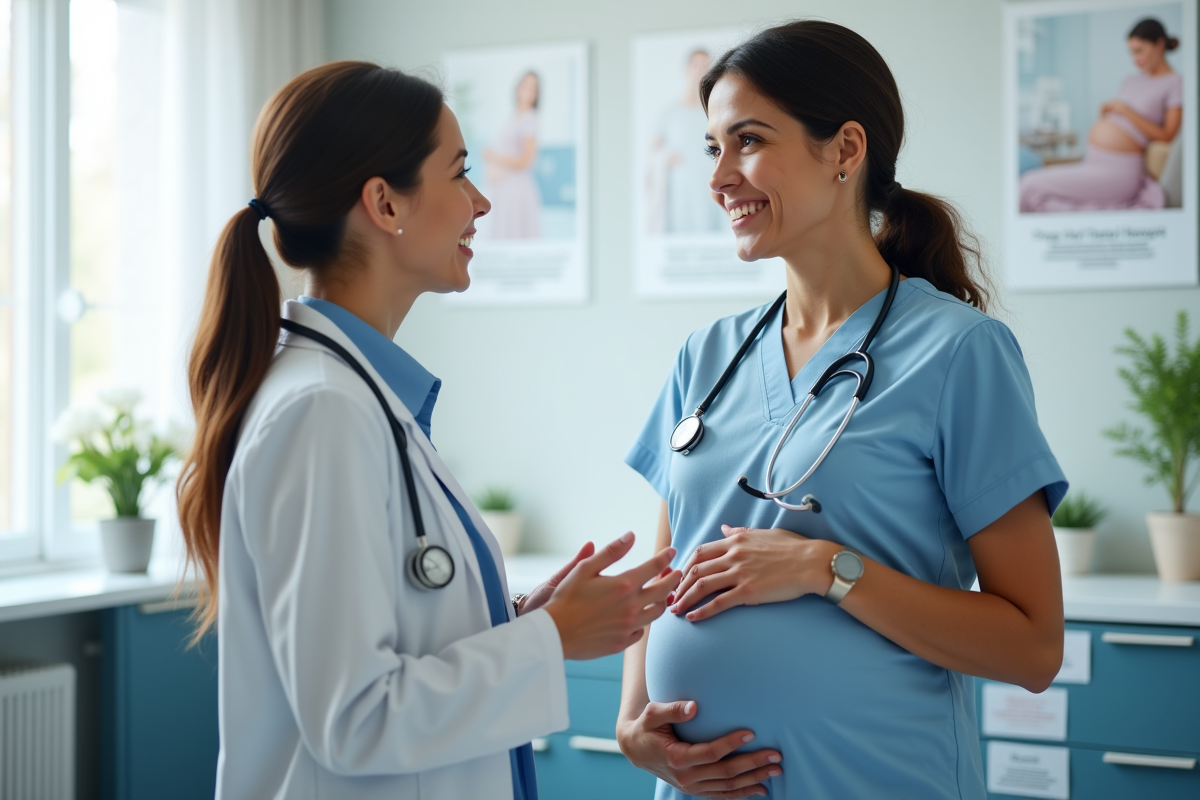 Femme médecin rassurante avec une future maman dans une clinique lumineuse