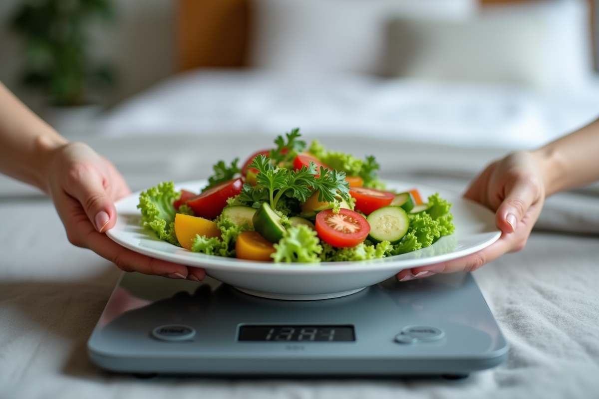 Main tenant une salade sur une balance pour la sante
