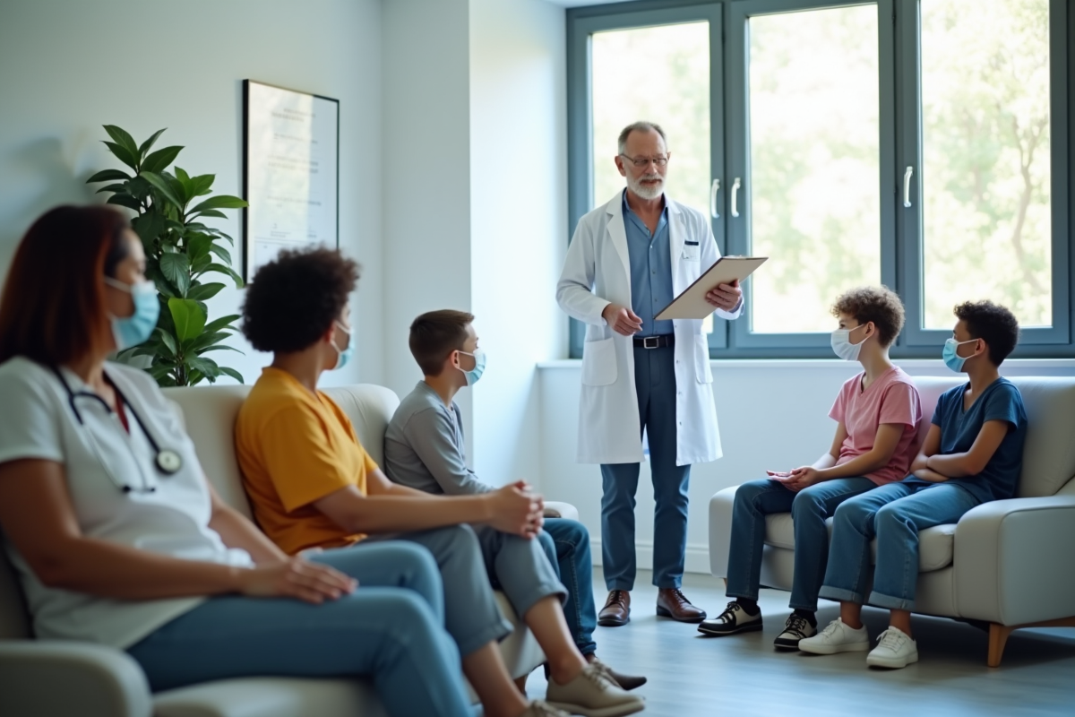 Groupe divers d'adultes et enfants en salle d'attente avec médecin