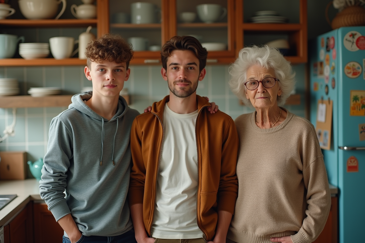 Trois personnes dans une cuisine chaleureuse et simple