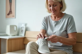 Femme insérant une semelle orthopédique pour épine calcanéenne dans sa chaussure de sport dans un cabinet de podologie moderne