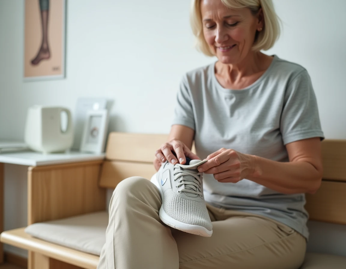 Femme insérant une semelle orthopédique pour épine calcanéenne dans sa chaussure de sport dans un cabinet de podologie moderne