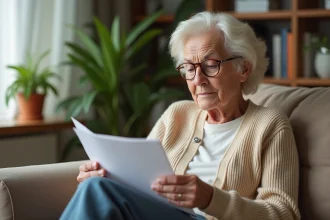 Femme âgée lisant une brochure médicale dans un salon chaleureux