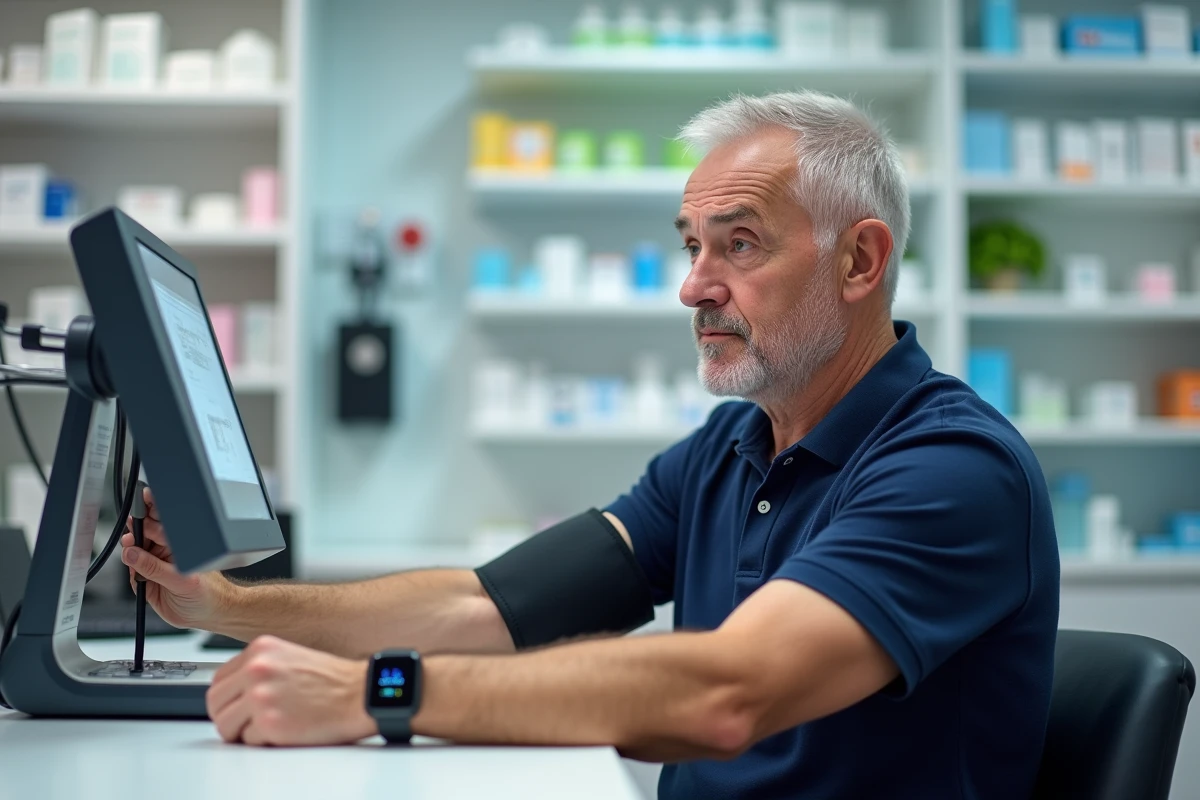 Homme senior utilisant un tensiomètre en pharmacie tout en portant une montre connectée au poignet opposé