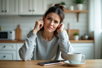 Femme tenant son oreille gauche avec une expression de gêne, assise dans une cuisine, illustrant un sifflement dans l'oreille gauche