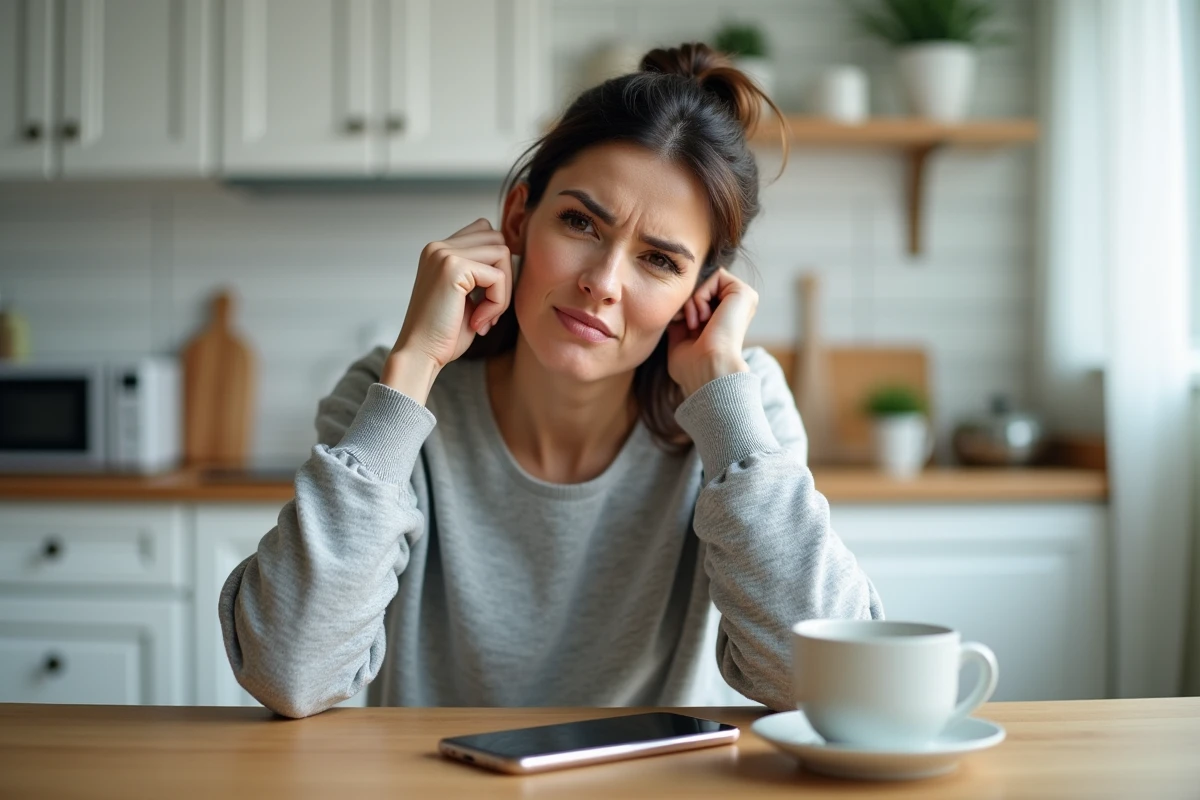 Femme tenant son oreille gauche avec une expression de gêne, assise dans une cuisine, illustrant un sifflement dans l'oreille gauche