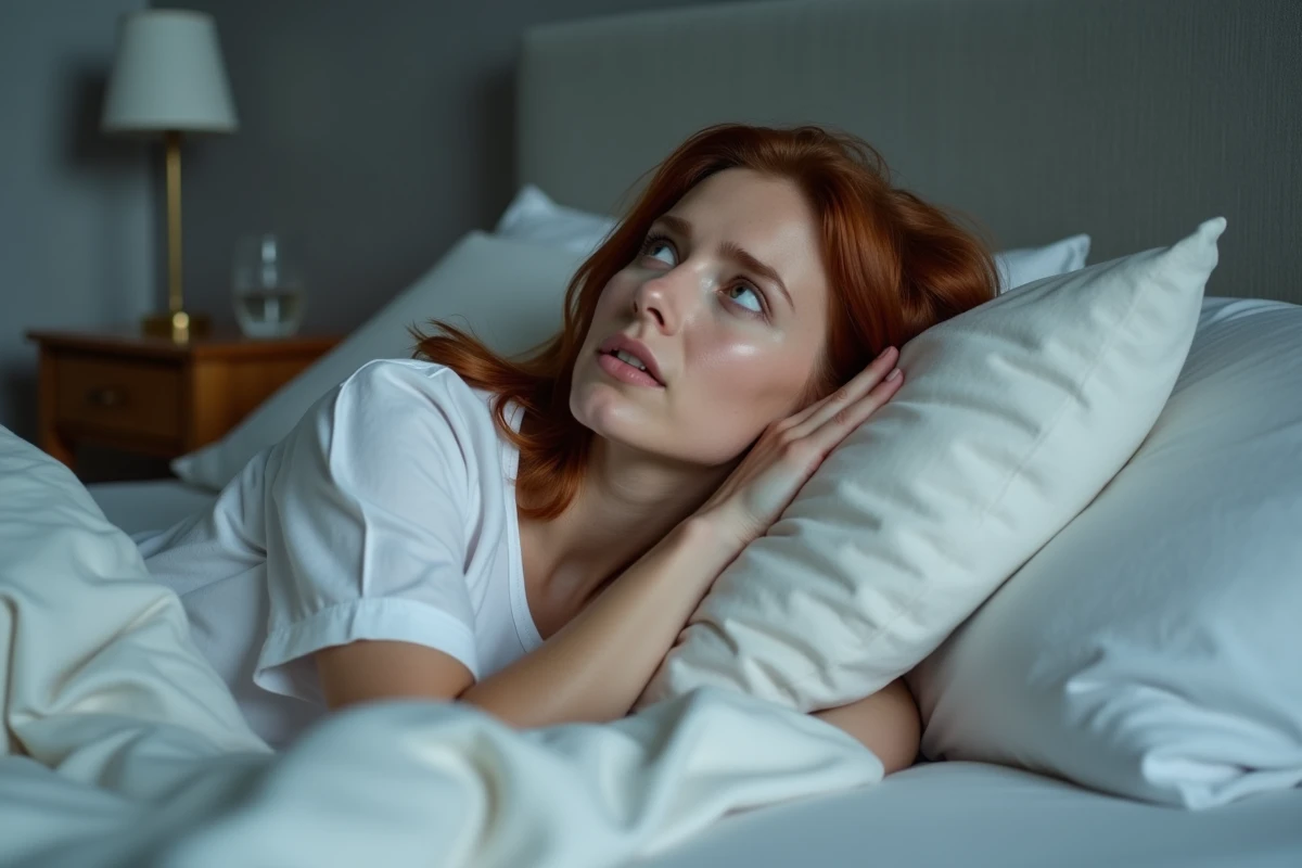 Femme allongée dans son lit tenant son oreille gauche, incapable de dormir à cause d'un sifflement persistant dans l'oreille