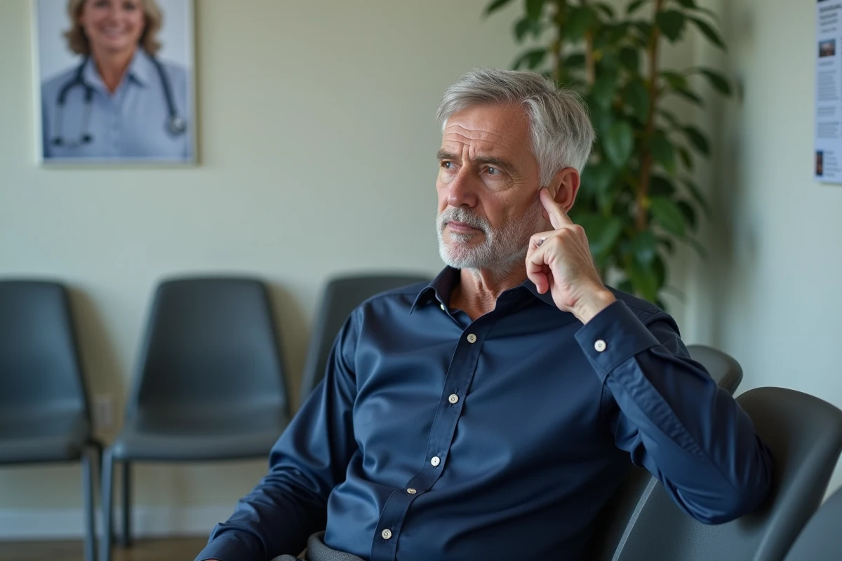 Homme d'âge mûr pointant son oreille gauche dans une salle d'attente médicale, évoquant les symptômes de sifflement auriculaire