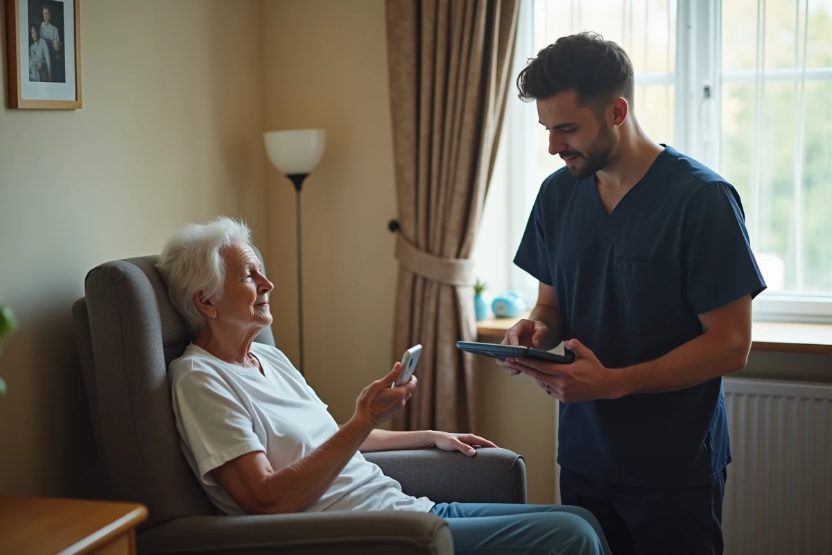 Soignant saisissant des données patient sur une tablette dans une chambre de maison de retraite lors d'une mise à jour logicielle