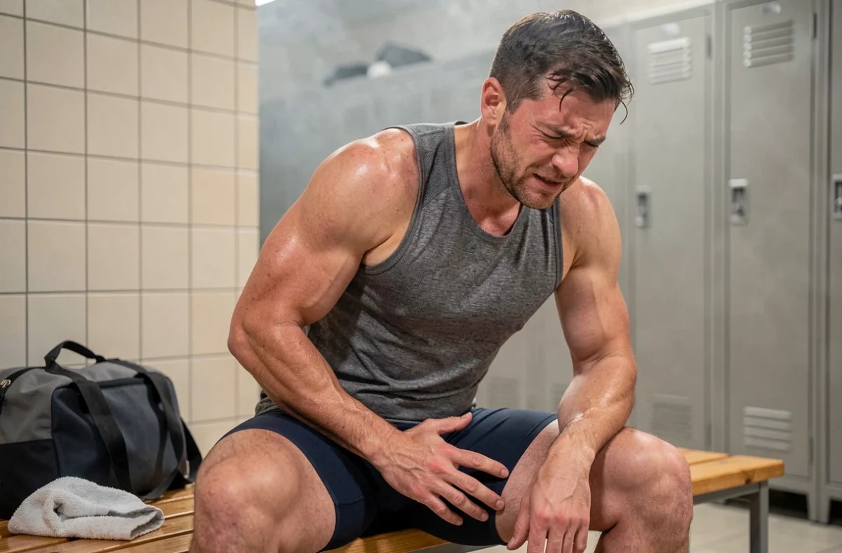 Sportif assis dans un vestiaire après l'effort tenant sa fesse douloureuse, expression de gêne musculaire post-entraînement