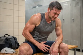 Sportif assis dans un vestiaire après l'effort tenant sa fesse douloureuse, expression de gêne musculaire post-entraînement