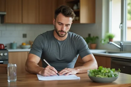 Sportif masculin consultant un plan nutritionnel à table pour réduire les transaminases
