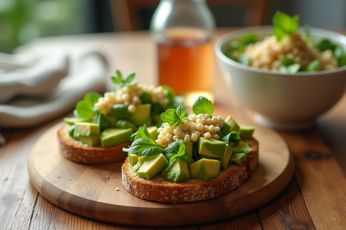 Gros plan sur un toast à l avocat et une salade de quinoa sur une table en bois