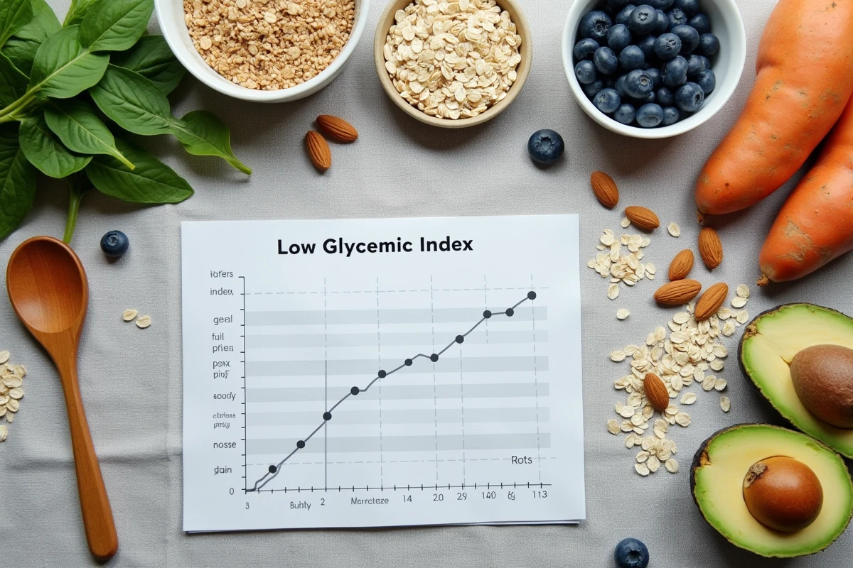 Vue aérienne d'un assortiment d'aliments à faible index glycémique incluant riz complet, patate douce, avocat, myrtilles et amandes avec un tableau de référence