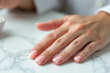 Gros plan sur un ongle en gel présentant une tache blanche visible sous la couche de vernis, posé sur une surface en marbre blanc
